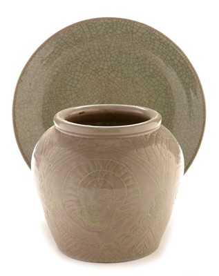 Lot 443 - Chinese crackle glaze dish, stoneware vase