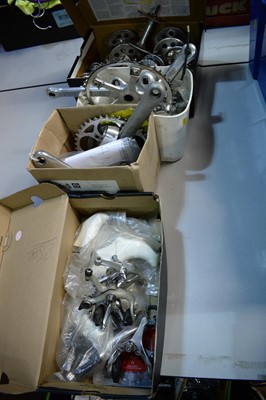Lot 738 - Cranks, wheel hubs, brakes and break hoods, various makers.