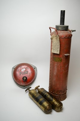 Lot 747 - Three vintage fire extinguishers; and a wall-mount fire alarm bell.