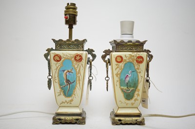 Lot 441 - A pair of Japonainse metal mounted ceramic lamps