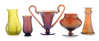 Lot 594 - Three WMF glass vases and two Loetz style vases.
