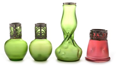 Lot 600 - Pair of Austrian art nouveau metal mounted vases, another two.