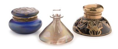 Lot 616 - Art nouveau inkwell, jar with hinged lid, modern scent bottle. (3)