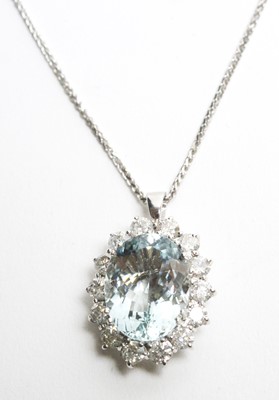 Lot 21 - An aquamarine and diamond cluster pendant
