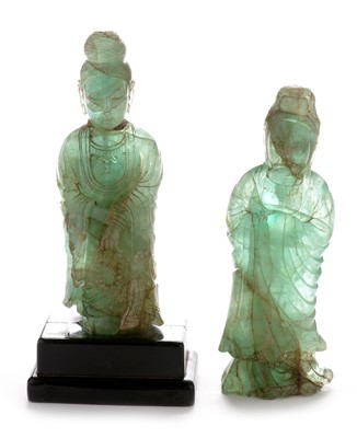 Lot 387 - Two Chinese green quartz figures of Guanyin