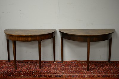 Lot 18 - Two 19th C mahogany demi lune side tables.