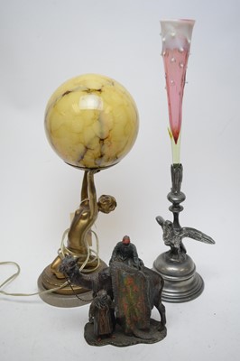 Lot 519 - Art Deco style globe lamp; Spelter camel group; and Britannia metal vase.