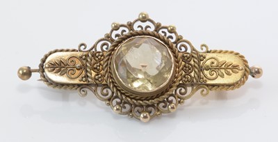 Lot 276 - Late Victorian 15ct. yellow gold and citrine brooch.