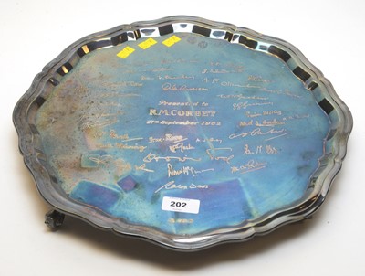 Lot 202 - Silver waiter with engraved signatures