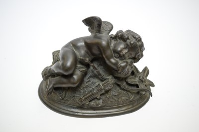 Lot 490 - Early 20th C French patinated bronze of Cupid.