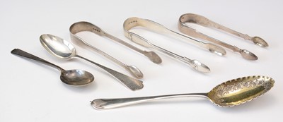 Lot 168 - Three pairs of silver sugar tongs; and three spoons.