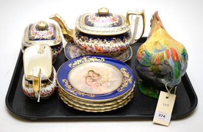 Lot 374 - 19th C teapot, stand, milk jug and sugar bowl; and other ceramics.