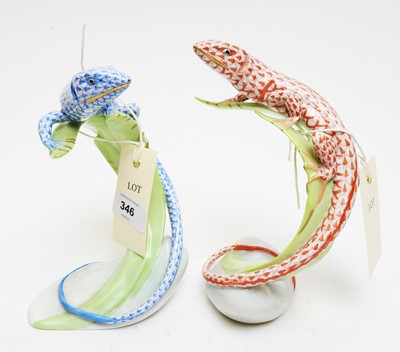 Lot 346 - Two Herend lying lizard figures.