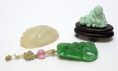 Lot 469 - Chinese turquoise figure; jadeite pendant, hardstone cup