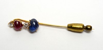 Lot 112 - A sapphire, diamond and ruby tie pin