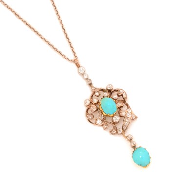Lot 63 - An Edwardian diamond and turquoise pendant