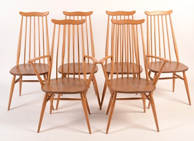 Lot 57 - Ercol: a set of six light beech and elm 'Goldsmith Windsor' dining chairs.