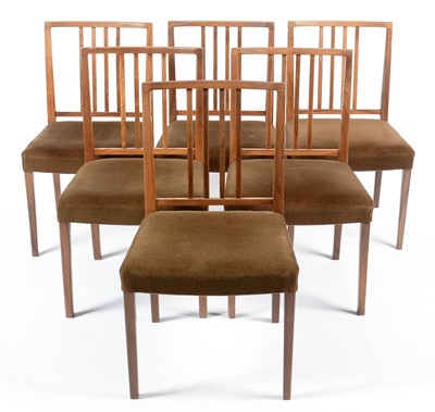 Lot 652 - Attr. Gordon Russell of Broadway: set of six walnut dining chairs.