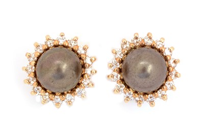 Lot 112 - A pair of cultured black pearl and diamond cluster earrings