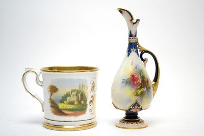 Lot 338 - A Staffordshire christening mug, and a Hadley Worcester ewer.