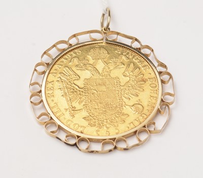 Lot 120 - An Austrian 1915 gold four ducat coin, in a pendant mount.
