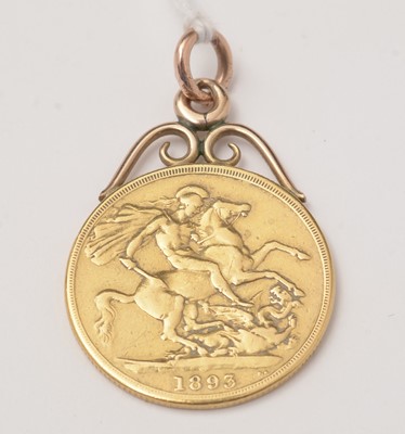 Lot 121 - A Victorian 1893 gold double sovereign, in pendant mount.