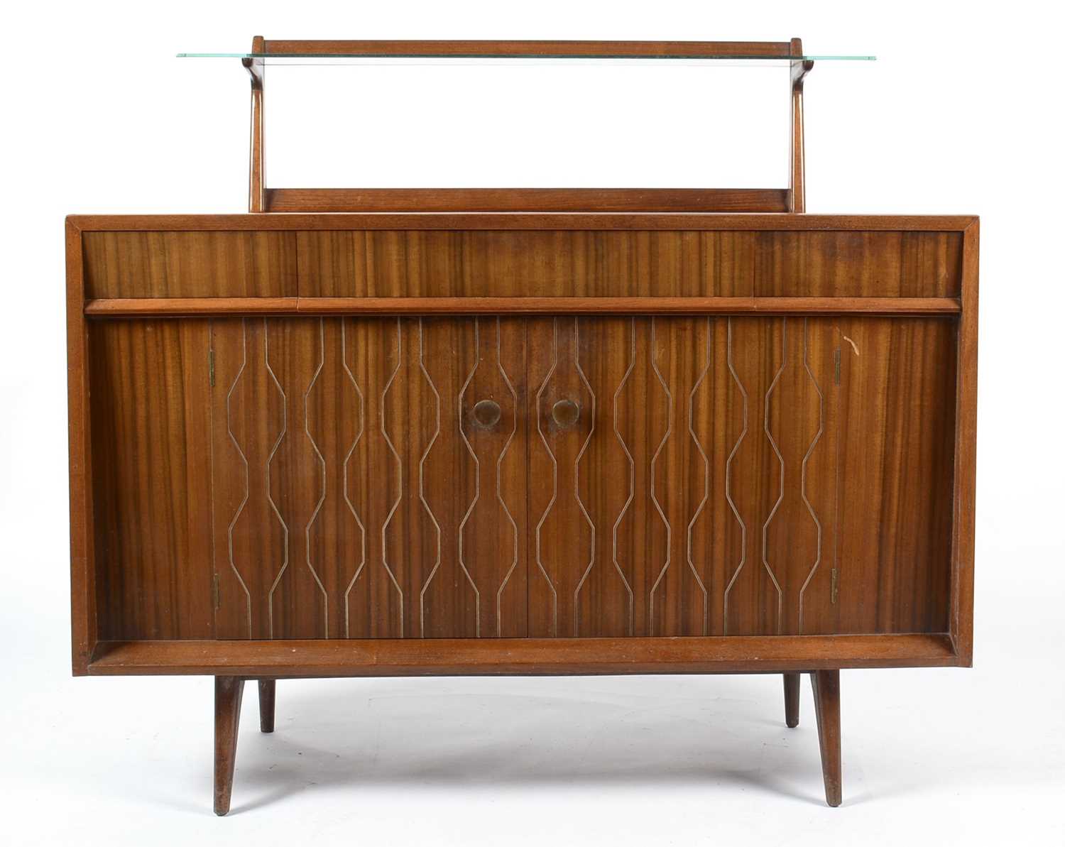 Lot 655 - Everest: a mid Century walnut Helix pattern sideboard.