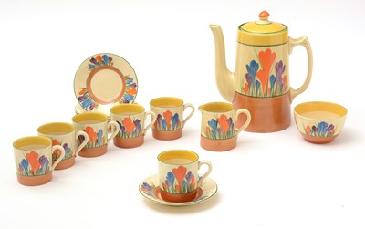 Lot 605 - A Clarice Cliff 'Bizarre' range for Newport Pottery "Crocus" pattern coffee set.