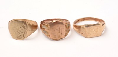 Lot 110 - Three 9ct gold signet rings.