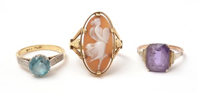 Lot 155 - Three rings including a tourmaline and diamond ring, and a cameo ring.