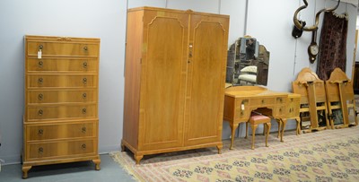 Lot 111 - 20th C six-piece walnut bedroom suite.