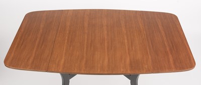 Lot 639 - G-Plan: a 'Librenza' tola wood and black lacquered drop leaf table and four dining chairs.
