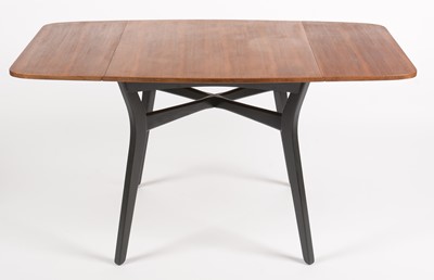 Lot 639 - G-Plan: a 'Librenza' tola wood and black lacquered drop leaf table and four dining chairs.