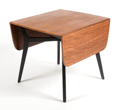 Lot 639 - G-Plan: a 'Librenza' tola wood and black lacquered drop leaf table and four dining chairs.