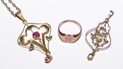 Lot 110A - A 9ct gold signet ring, and two yellow-metal openwork pendants.