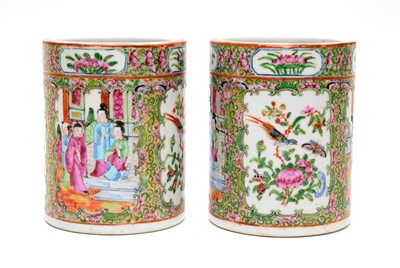 Lot 448 - pair of Canton cylindrical brush pots
