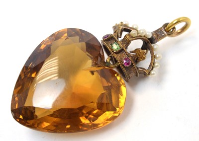 Lot 106 - A citrine, seed pearl and gemstone heart and crown pattern pendant