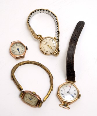 Lot 121 - Four 9ct gold and yellow-metal cased wristwatches