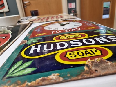 Lot 702 - Hudson's Soap clock faced enamel sign