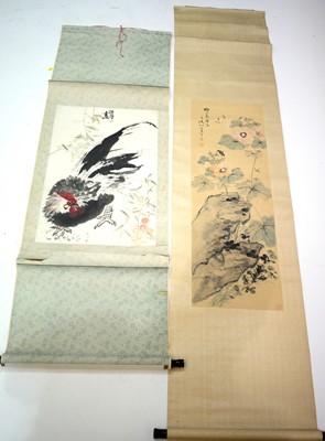 Lot 475 - Chinese scroll painting Rooster, another Lotus and insects