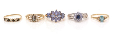 Lot 104 - Five sapphire and other blue stone rings