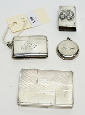 Lot 128 - Silver cigarette case, vesta, stamp case and matchbox cover.