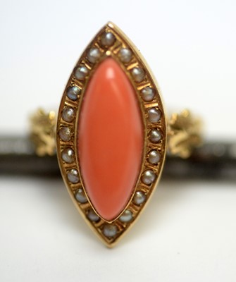 Lot 202 - An Edwardian coral and seed pearl cluster ring
