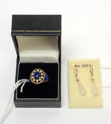Lot 237 - Lapis Lazuli and pearl ring and a pair of earrings