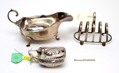 Lot 158 - Silver toast rack, sauce boat and mustard pot.
