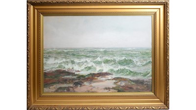 Lot 833 - John Falconar Slater - Tidal Study; Waves Crashing Upon Rock | gouache