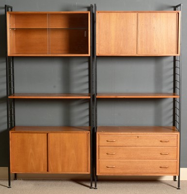 Lot 386 - Ladderax: a mid Century teak three-bay wall unit.