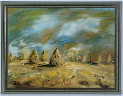 Lot 721 - Antoni Sulek - Hay Stooks and Sky | oil