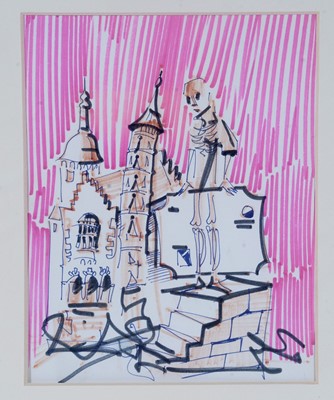 Lot 186 - Antoni Sulek - Skeleton Steps, and Rooftops | pen and ink
