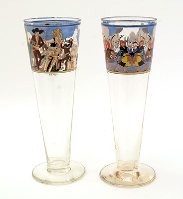 Lot 437 - Pair Portuguese Art Deco enamelled glass vases
